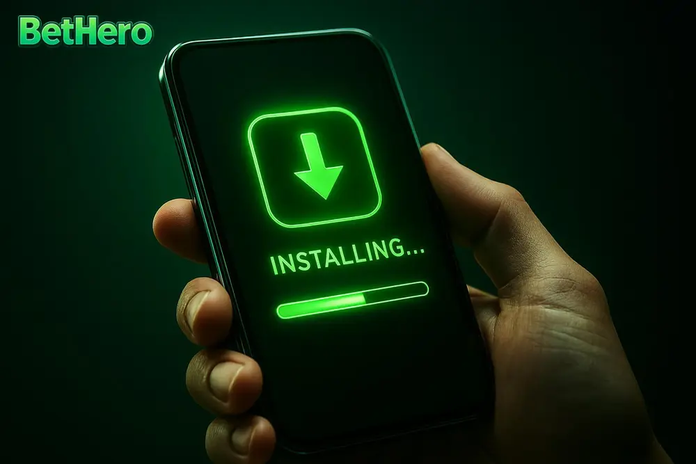 BetHero App Download — a hand holding a phone during app installation with a progress bar