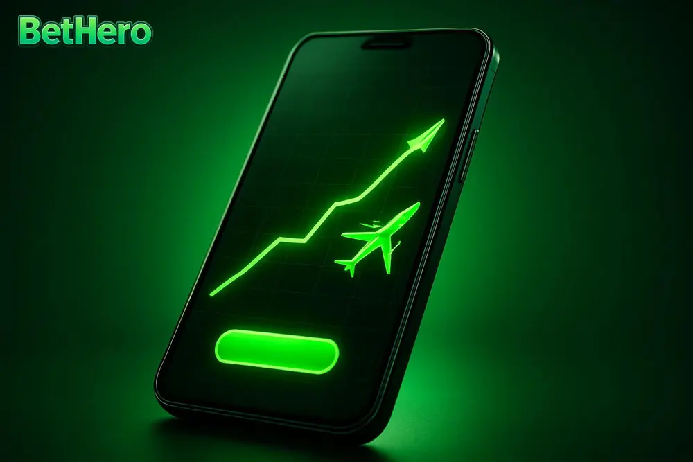 BetHero Aviator Game — a smartphone displaying an animated crash game with a rising graph line