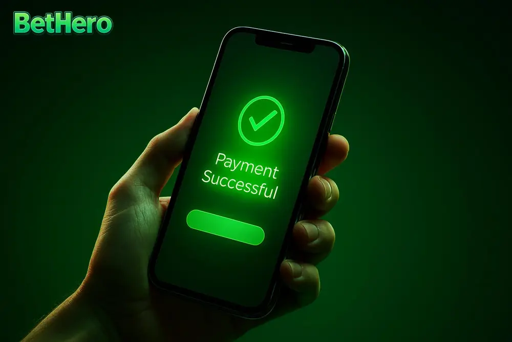 BetHero bKash Deposit โ a hand holding a phone showing a mobile payment confirmation screen BetHero bKash Deposit โ a hand holding a phone showing a mobile payment confirmation screen
