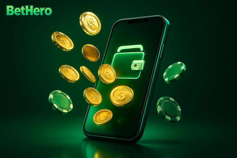 BetHero bKash Deposit โ a mobile wallet app paying out with falling gold coins and casino chips BetHero bKash Deposit โ a mobile wallet app paying out with falling gold coins and casino chips