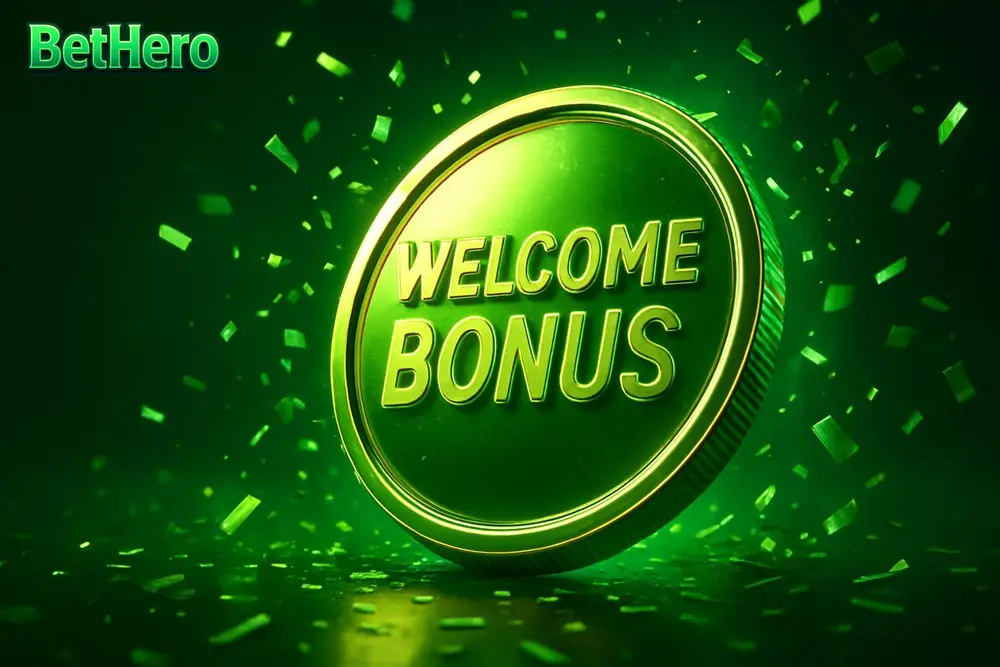 BetHero casino bonus — a giant glowing welcome-bonus coin burst with confetti
