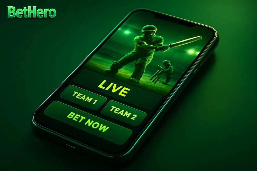 BetHero cricket betting โ a smartphone showing a live cricket match betting interface BetHero cricket betting โ a smartphone showing a live cricket match betting interface