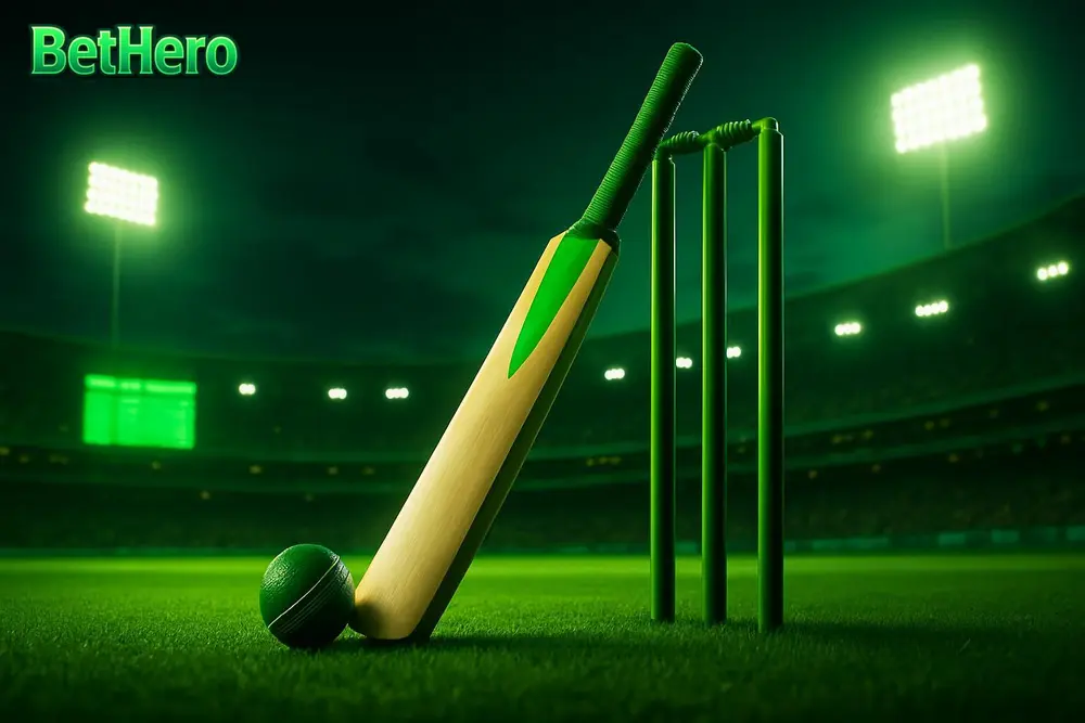 BetHero cricket betting โ a cricket stadium at dusk with glowing scoreboard and floodlights BetHero cricket betting โ a cricket stadium at dusk with glowing scoreboard and floodlights