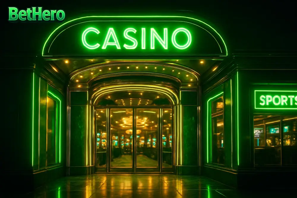 BetHero online casino Bangladesh โ a glowing casino lobby entrance with neon green and gold lights BetHero online casino Bangladesh โ a glowing casino lobby entrance with neon green and gold lights