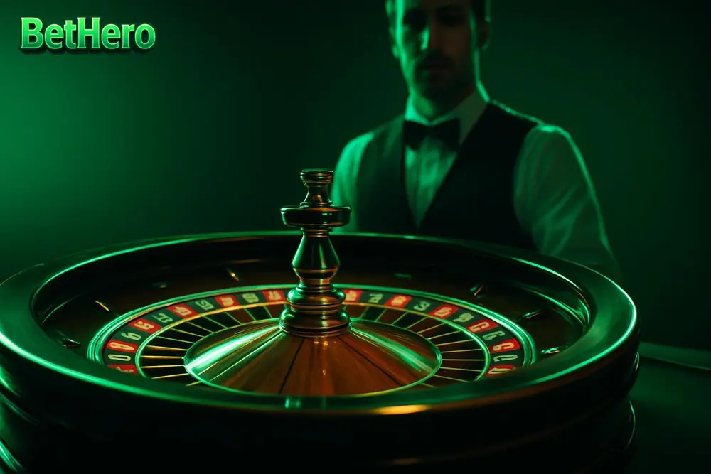 BetHero live casino — a roulette wheel spinning under bright studio lights with a dealer