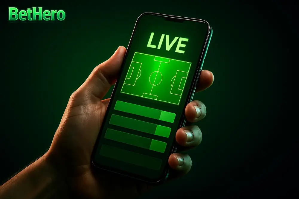 BetHero mobile app — a hand holding a phone with a live sports betting screen