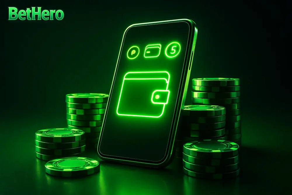 BetHero payment methods โ a glowing smartphone with mobile-wallet icons surrounded by poker chips BetHero payment methods โ a glowing smartphone with mobile-wallet icons surrounded by poker chips