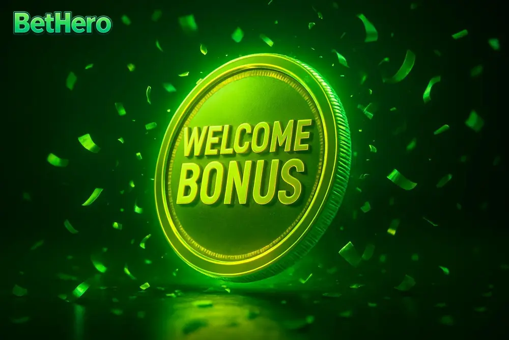 BetHero Signup Bonus — a giant glowing welcome-bonus coin burst with confetti